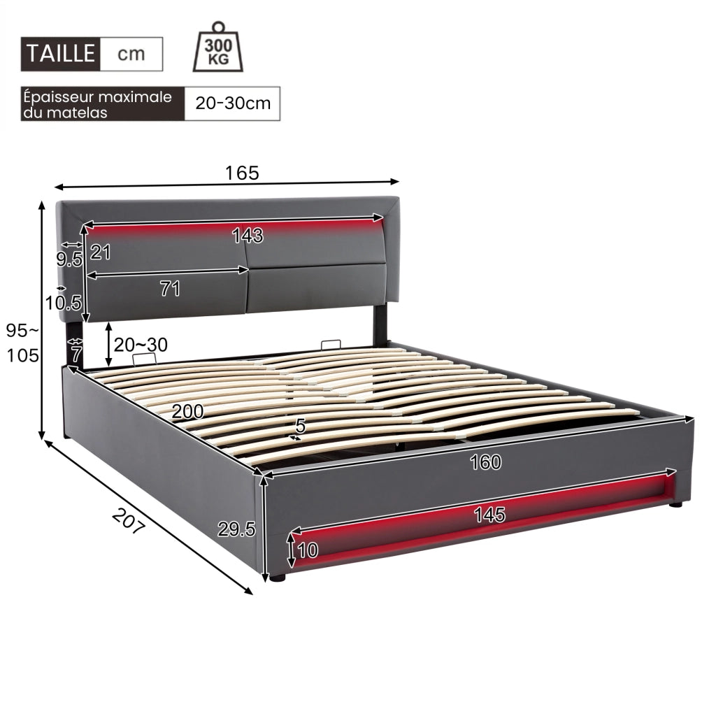 Letto Contenitore 160x200 cm; Letto Matrimoniale con USB; LED e vano; in PU Grigio