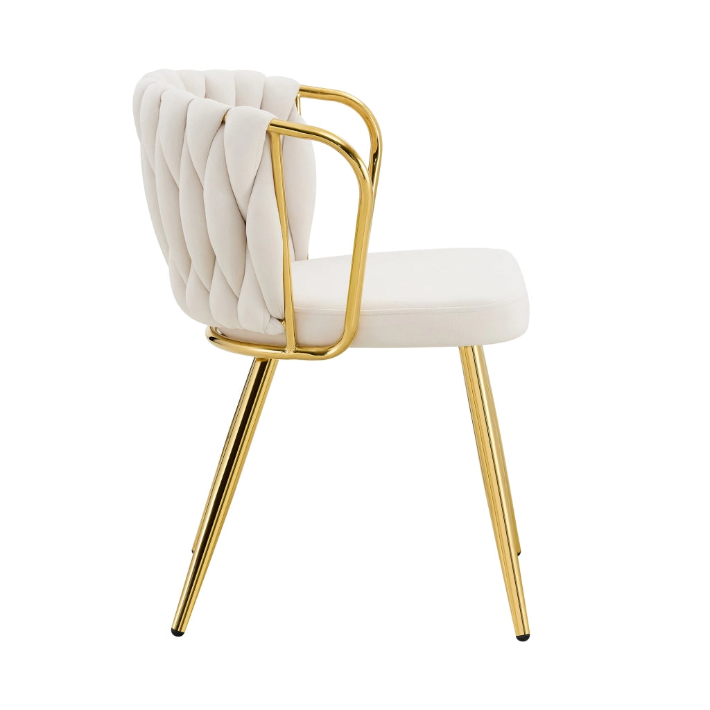 Sedia da pranzo, rivestimento in velluto, schienale intrecciato, struttura in metallo, ergonomica, color beige e dorato