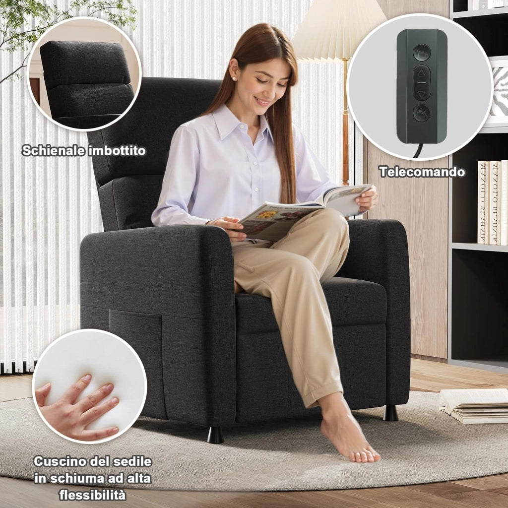 Poltrona Relax Elettrica, Ergonomica Reclinabile 90°-165°, Poltrona Reclinabile con Schienale e Poggiapiedi Regolabile, Poltrone per Soggiorno/Ufficio, con Tasconi Laterali, Grigio