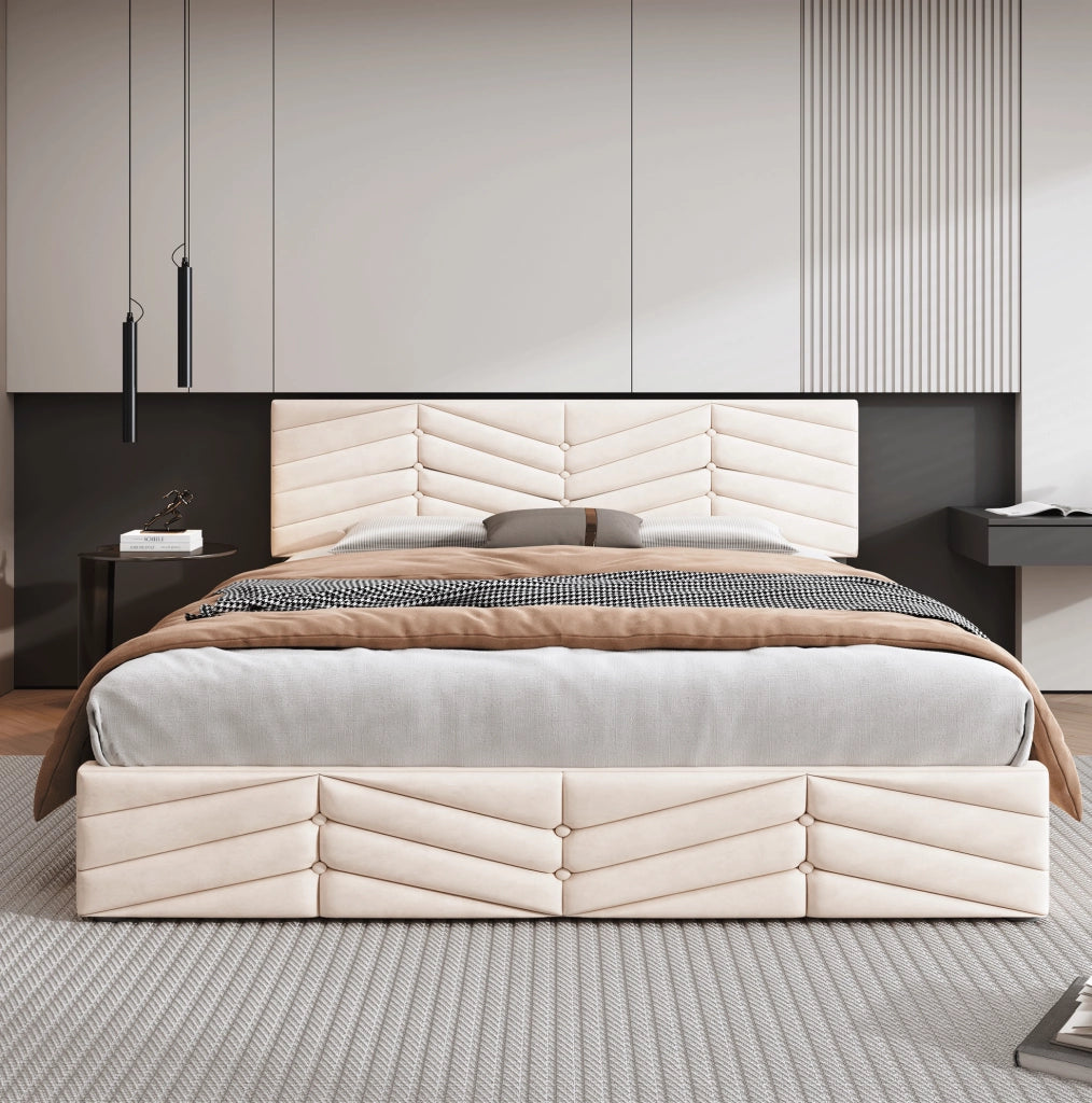 Letto imbottito 140x200 cm in velluto beige con rete a doghe e testiera regolabile