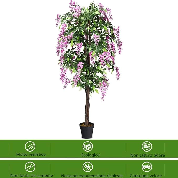 Pianta Finta da Interno da 180 cm, Albero Artificiale con Fiori Fiori Glicine Elegante in Vaso, Pianta Artificiale per Salotto, Camera da Letto e Balcone