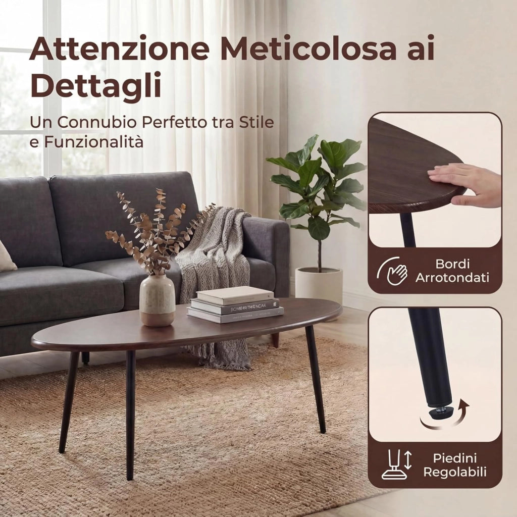 Tavolino da Caffè Mid-Century Moderno, Tavolino d'Accento Ovale Irregolare con Gambe in Metallo, Tavolino Compatto per Soggiorno, Ufficio Domestico, Angolo Lettura, Facile da Montare (Marrone)