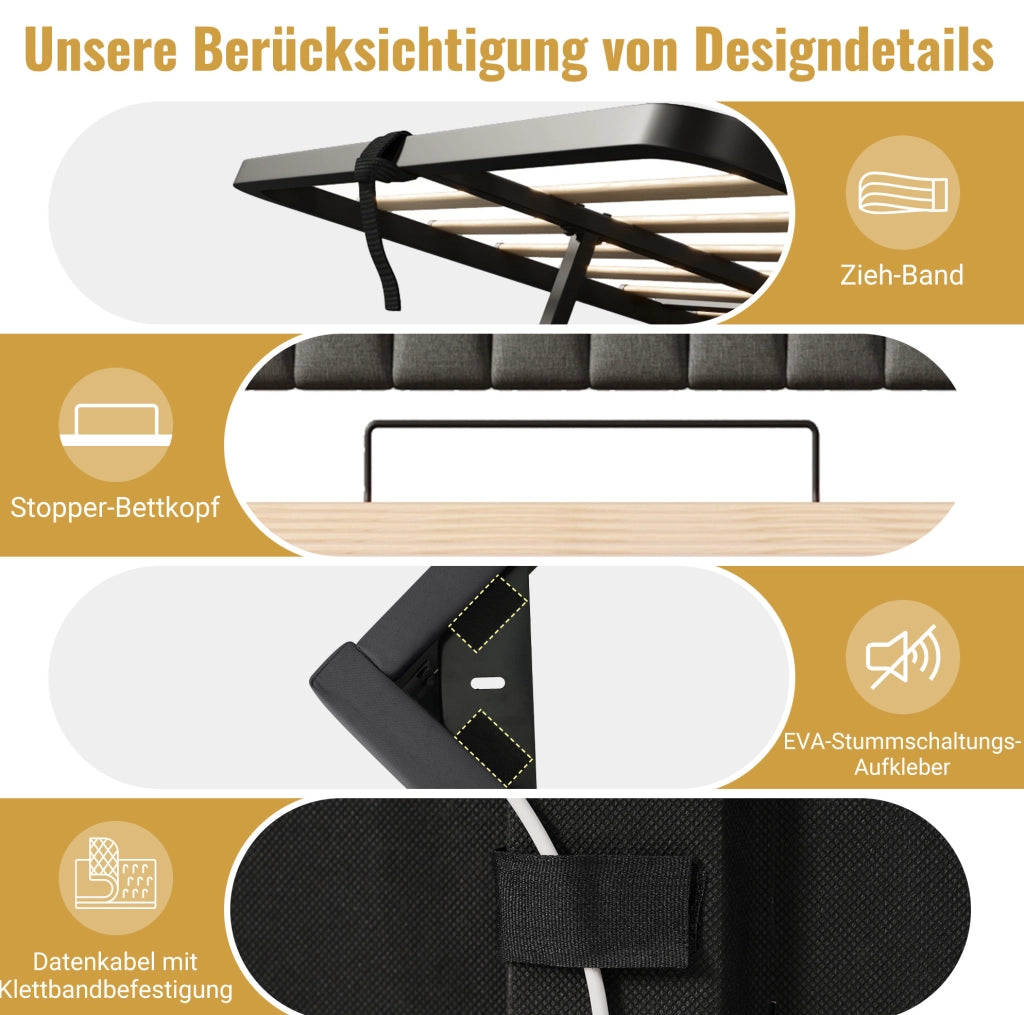 Letto matrimoniale 180x200 cm con LED, USB e vano contenitore
