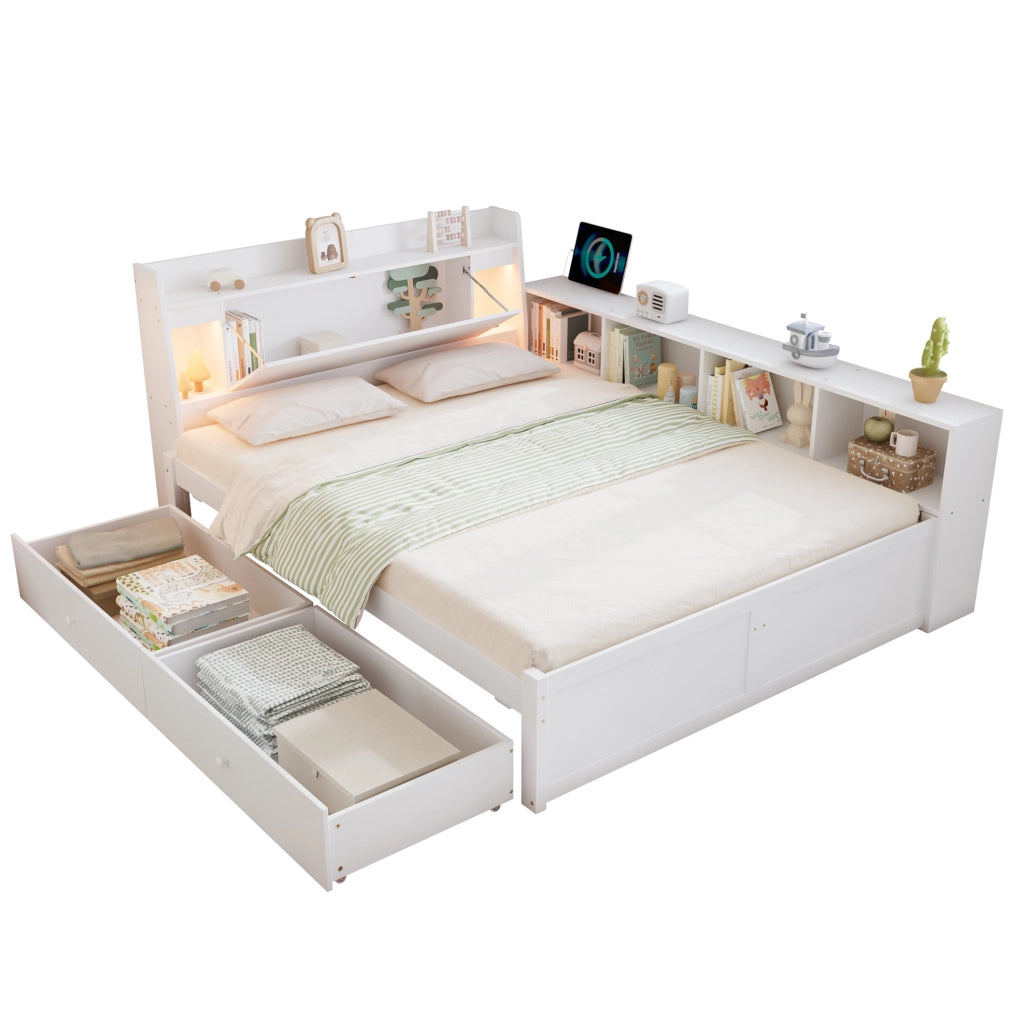 Letto matrimoniale 140x200 cm con contenitore; 2 luci e presa di ricarica bianco