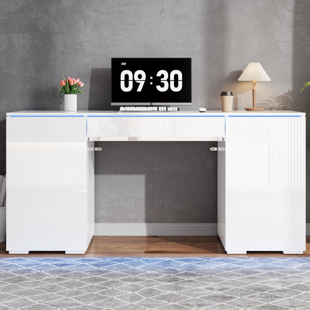 Scrivania moderna lucida 140 x 50 cm con LED, 1 cassetto, 2 ante e ampio spazio contenitivo, bianco
