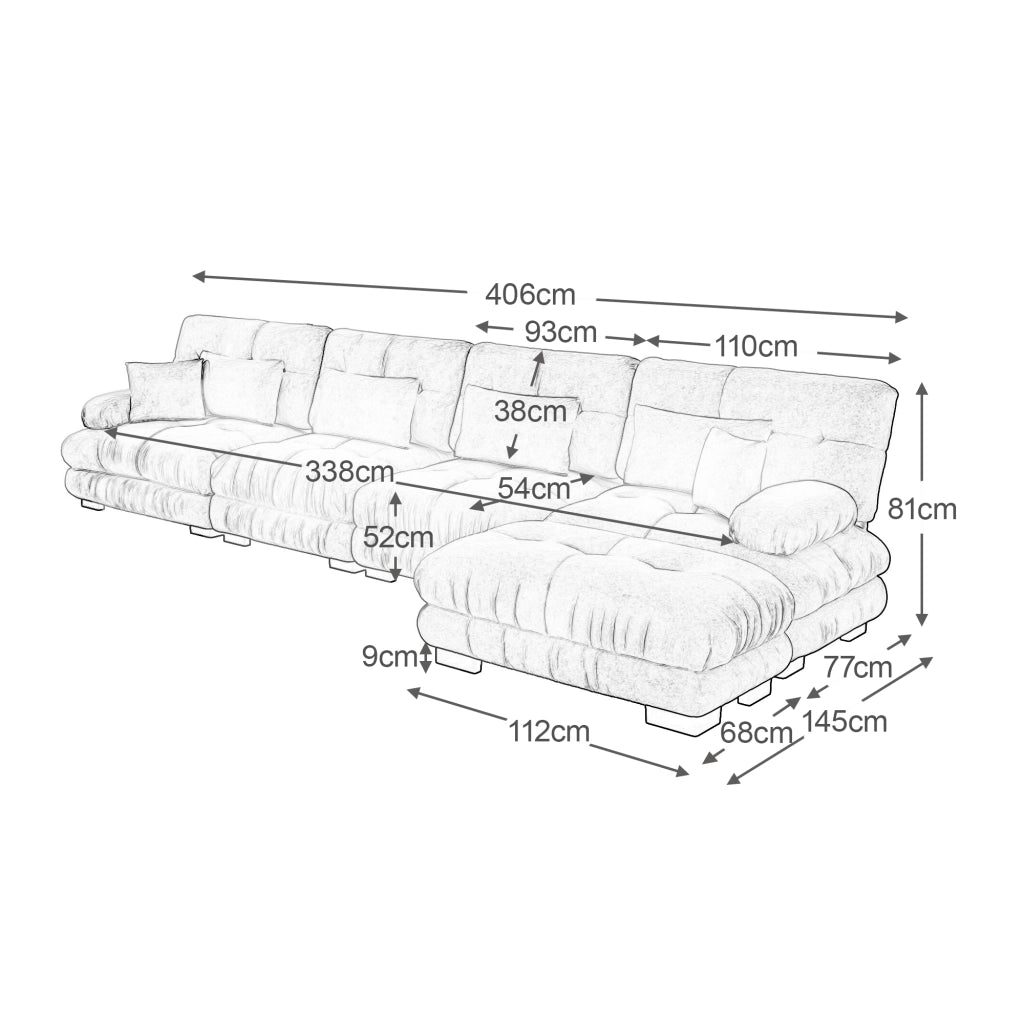 Divano angolare modulare 4 posti con pouf mobile e cuscini in ciniglia verde per soggiorno 406 × 145 × 81 cm