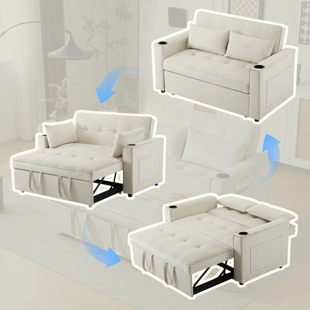 OKWISH Divano Letto 2 Posti, Schienale Regolabile a 3 Posizioni con Portabicchieri, Tasche Laterali e Cuscini, Velluto Beige