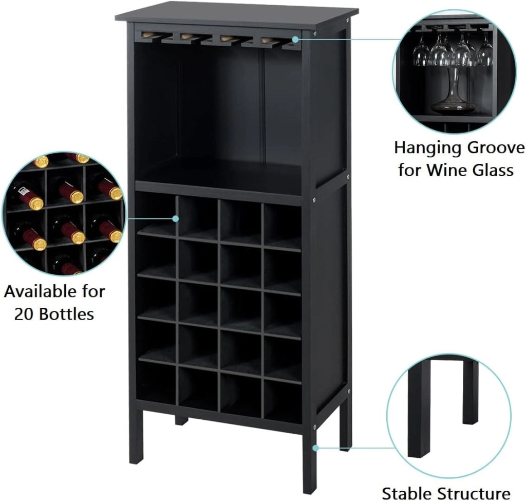 Porta Vino Legno, 5 Ripiani per 20 Bottiglie, Cantiniere con 4 Porta Calici, Mobiletto Portabottiglie per Collocazioni e Esposizioni di Vino, 42x25x96 cm, 3 Colori Disponibili