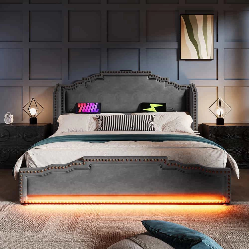 Letto matrimoniale-Xylo-180x200 cm-4 cassetti, LED, USB-C, velluto grigio, senza materasso