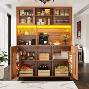 OKWISH Credenza Alta con 2 Ante Scorrevoli e 3 Ripiani Regolabili, LED e USB, per Cucina, MDF, Noce, 140×40×185 cm
