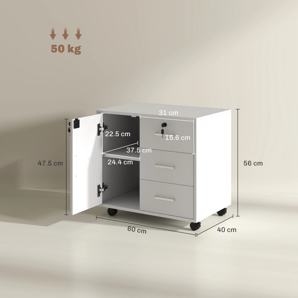Schedario per Ufficio con 3 Cassetti e Armadietto con 3 Ripiani Regolabili, in Legno, 60x40x56 cm, Bianco