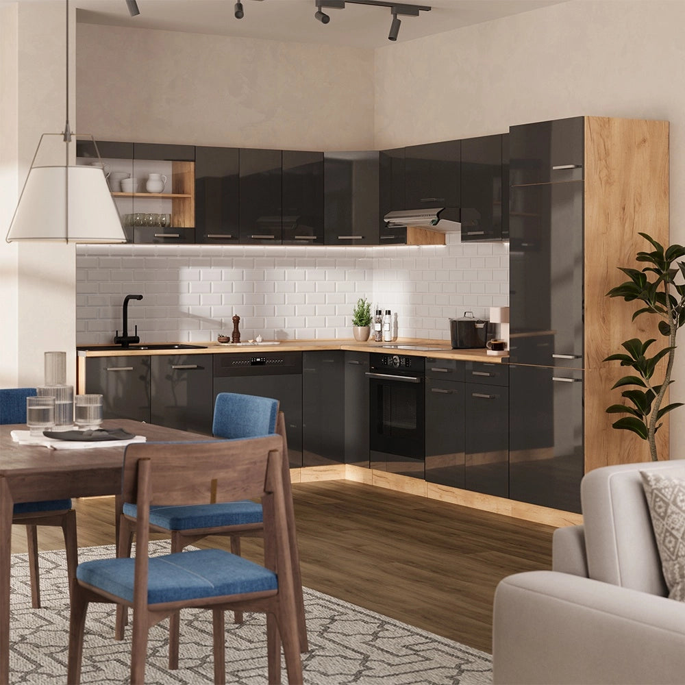 Cucina angolare completa R-Line Antracite lucido/Rovere dorato 287 x 227 cm, PL Rovere Vicco