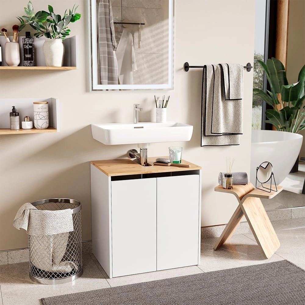 Mobile sottolavabo per bagno Viktor, Bianco/Artisan, 60.2 x 65 cm, con foro per sifone e ripiano interno regolabile in altezza