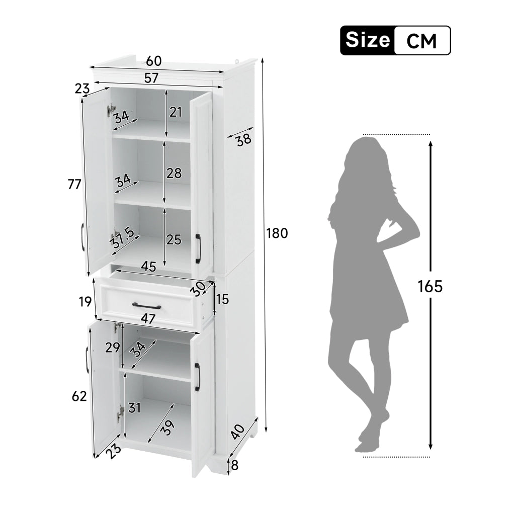 Mobile bagno alto 60x40x180 cm in MDF con ante doppie, cassetto centrale e ripiani regolabili, bianco