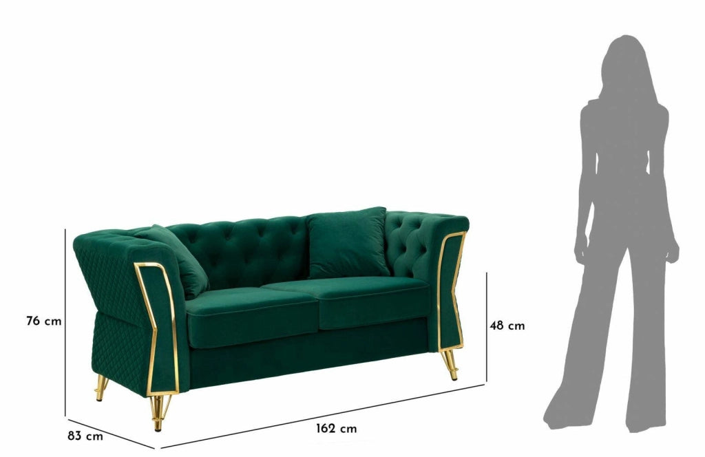 Divano fisso 2 posti Casio, Sofà dritto, Divanetto per salotto, Poltrona matrimoniale, 162x83 h76 cm, Verde e Oro