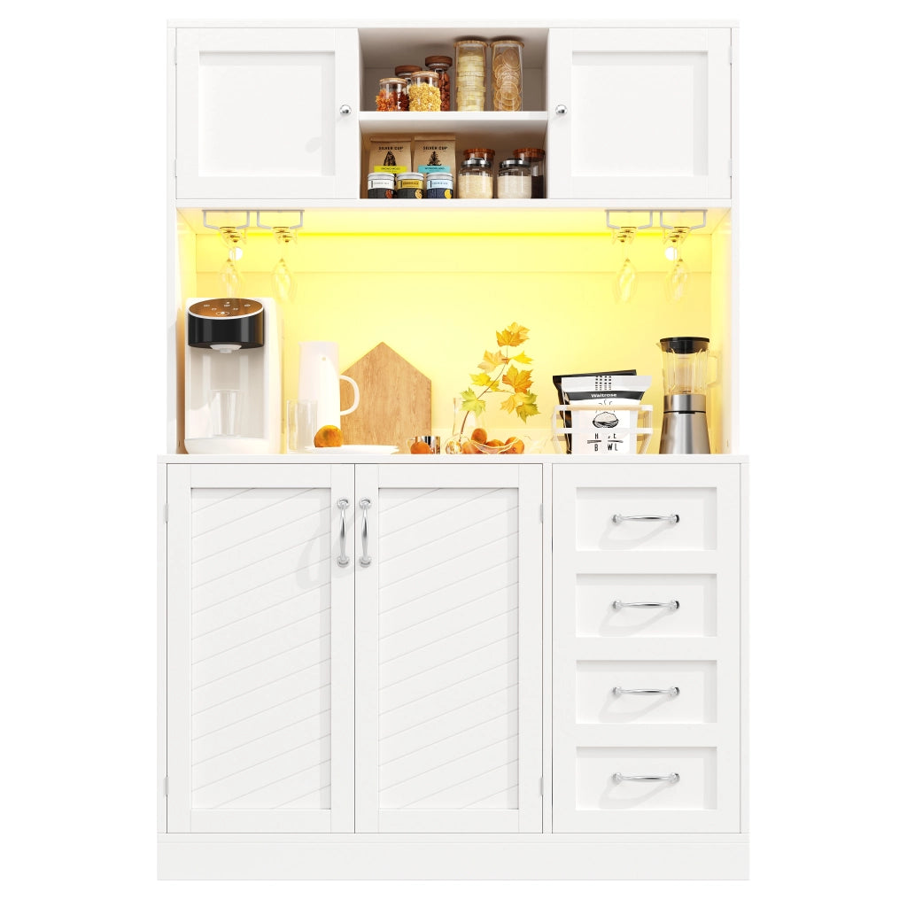 Credenza da cucina con 4 ante; 2 cassetti; ripiano snack; portabottiglie e LED; in MDF; 120x40x188 cm; Bianco