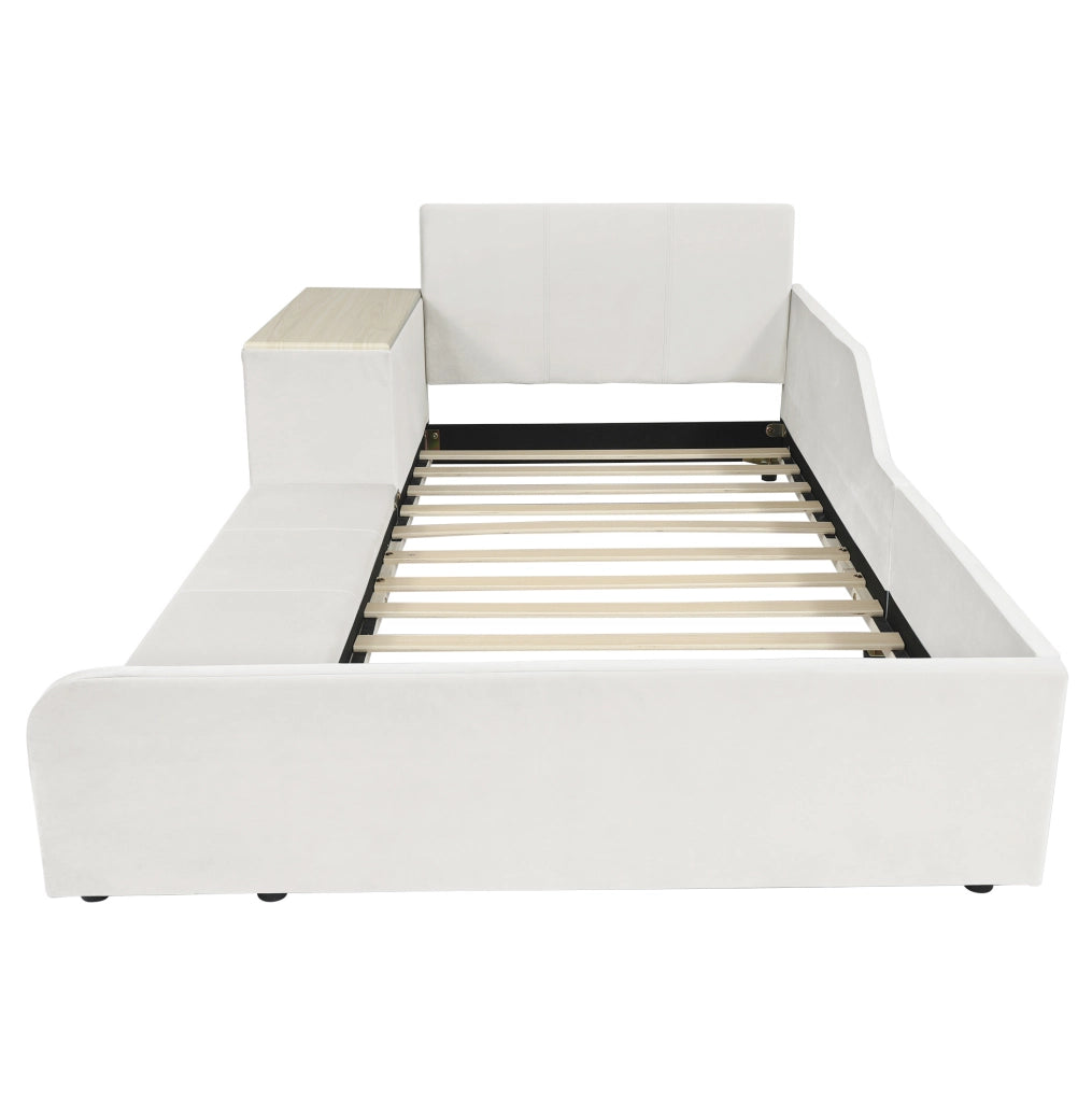 Letto imbottito 90x200 cm con scrivania; sgabello e ripiano in velluto bianco