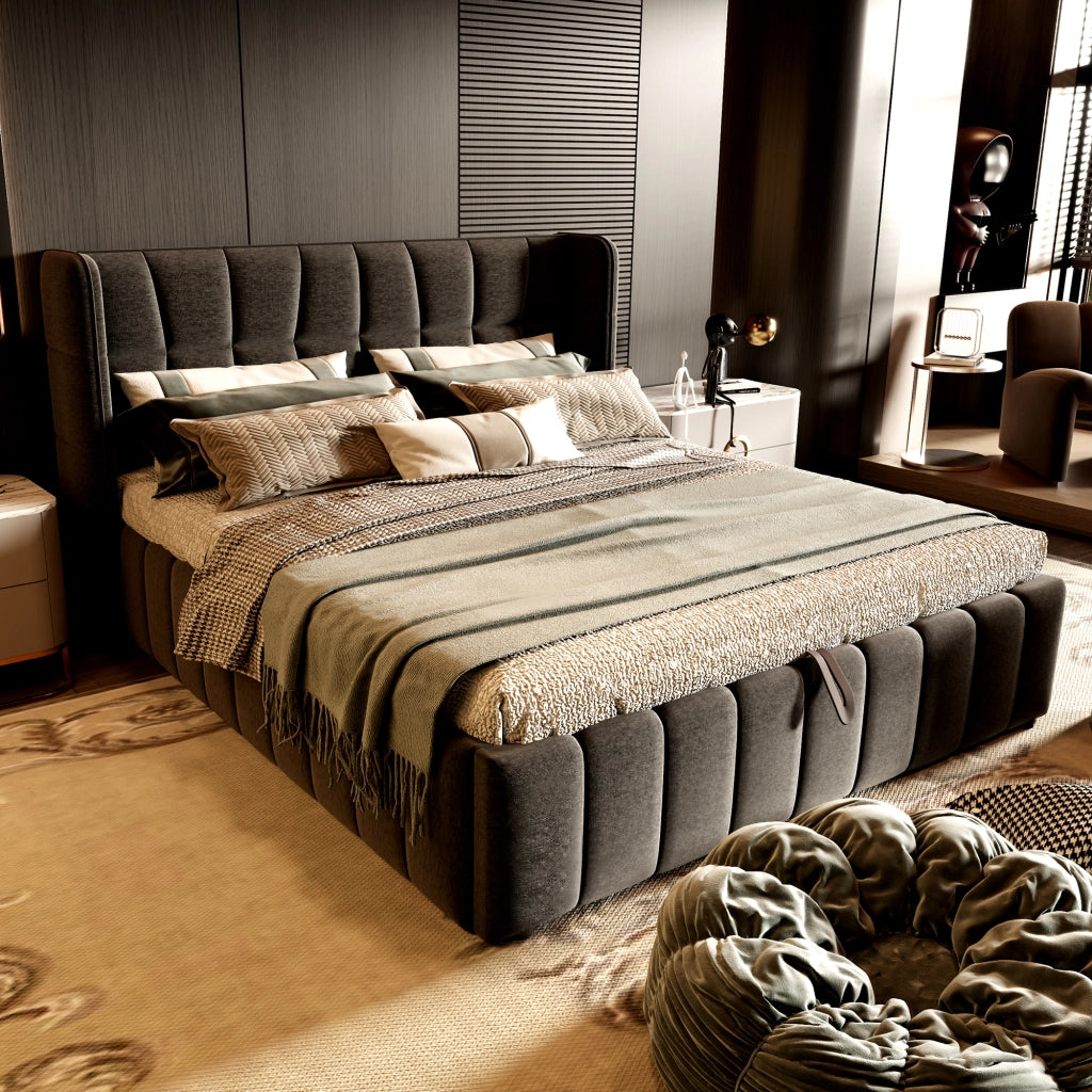 Letto contenitore 180 × 200 cm con sollevamento, senza materasso, per adulti, in tessuto e metallo, grigio