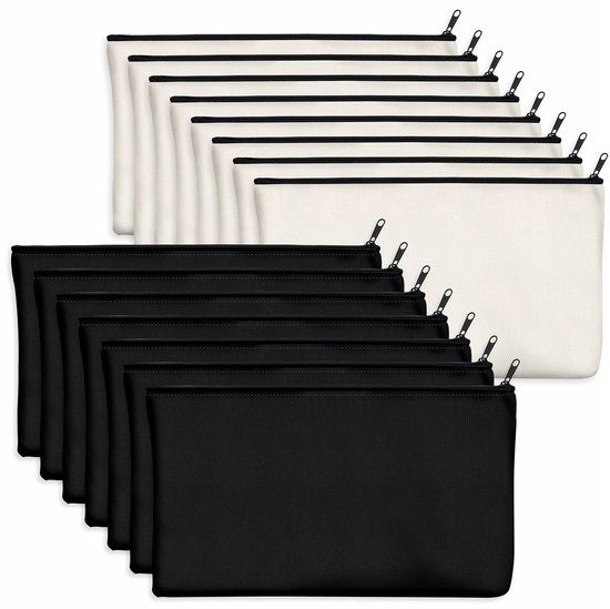 Set di 15 borse in tela di cotone canvas con cerniera, per contenitore o contenitore, per progetti di fai da te, make-up/cosmetici/articoli da toeletta; per la conservazione; (beige e nero)