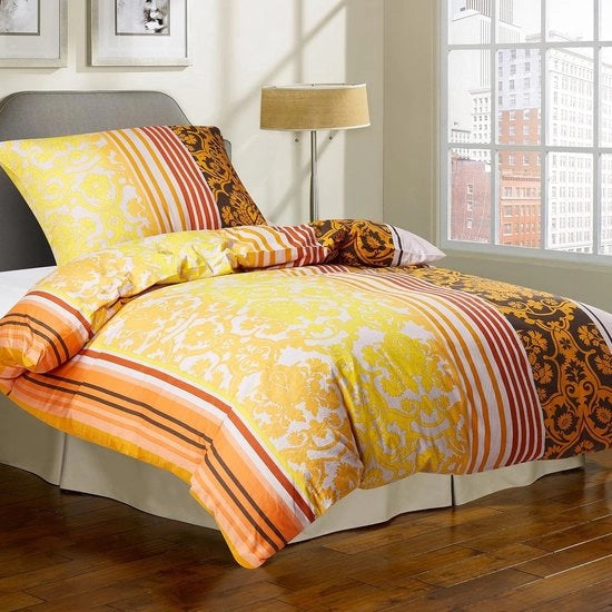 Set di coperte per letto, 135 x 200 cm, 100% cotone, respirante, set di coperte per letto soffici e morbide per persone con allergie, con cerniera e copri cuscino, 80 x 80 cm, giallo, righe di fiori, 120 g/m², cotone.