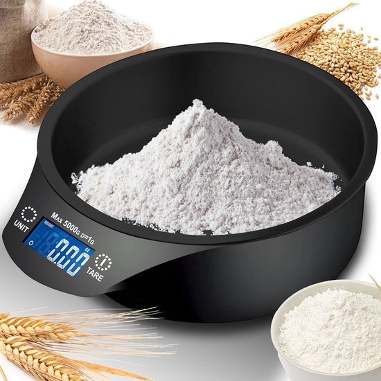 Pesa cucina con contenitore - 5 kg - Display LCD - Contenitore rimovibile - Cottura e cucina - Pesa elettronica - Pesa domestica - Grande contenitore per mescolare - Pesa cucina nera