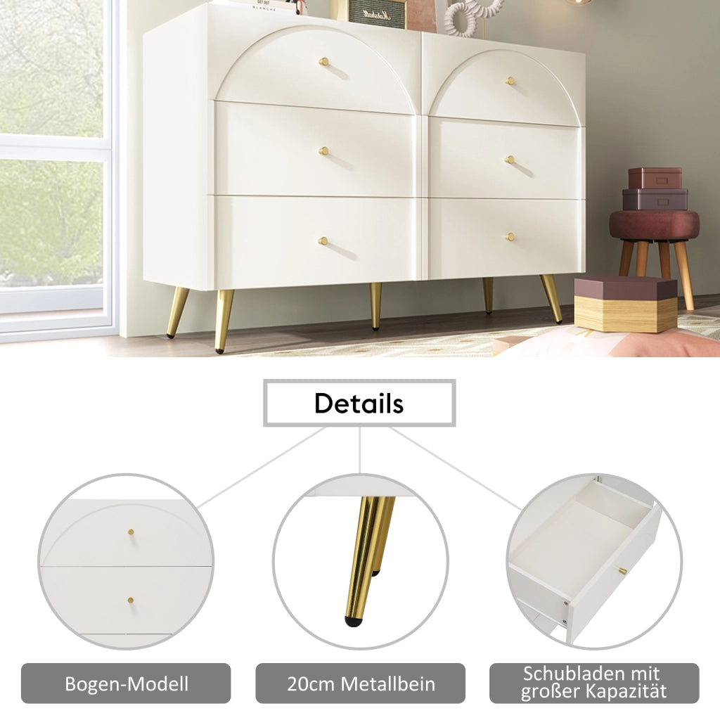 Cassettiera con 6 cassetti frontali curvi 120x40x85 cm; in truciolare e metallo; crema bianco