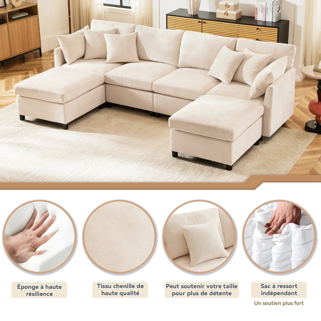 Divano Modulare da 4 a 6 Posti con Configurazione a U o a L e 2 Pouf, 6 Cuscini, in Ciniglia Beige