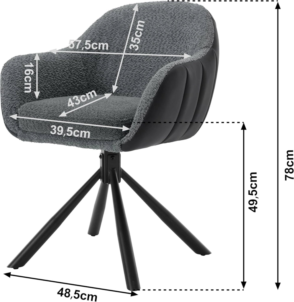 Set 2 Sedie Sala da Pranzo, Sedia Cucina con Braccioli e Schienale, Poltroncina Girevole, per Salotto, Camera da Letto, Gambe in Metallo, Ciniglia+Ecopelle, Grigio Scuro+Antracite, EZS04dgr-2