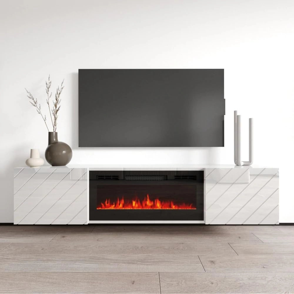 Mobile porta tv Roxy con camino elettrico nero cm183x35x38h bianco lucido