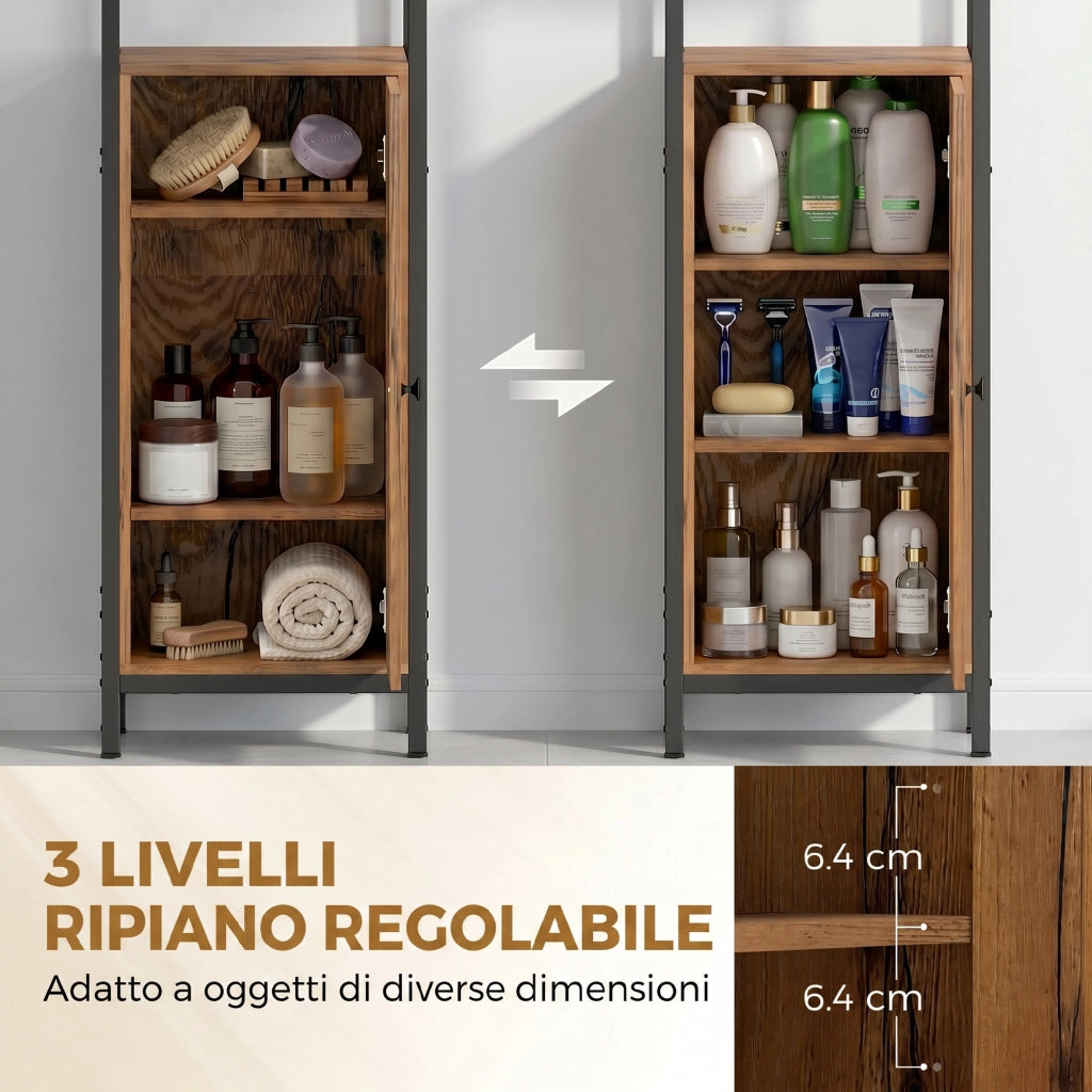 Mobile da Bagno a Colonna 37x30x167 cm Salvaspazio con Ante Soft Close a Persiana 3 Ripiani Aperti Struttura in Acciaio
