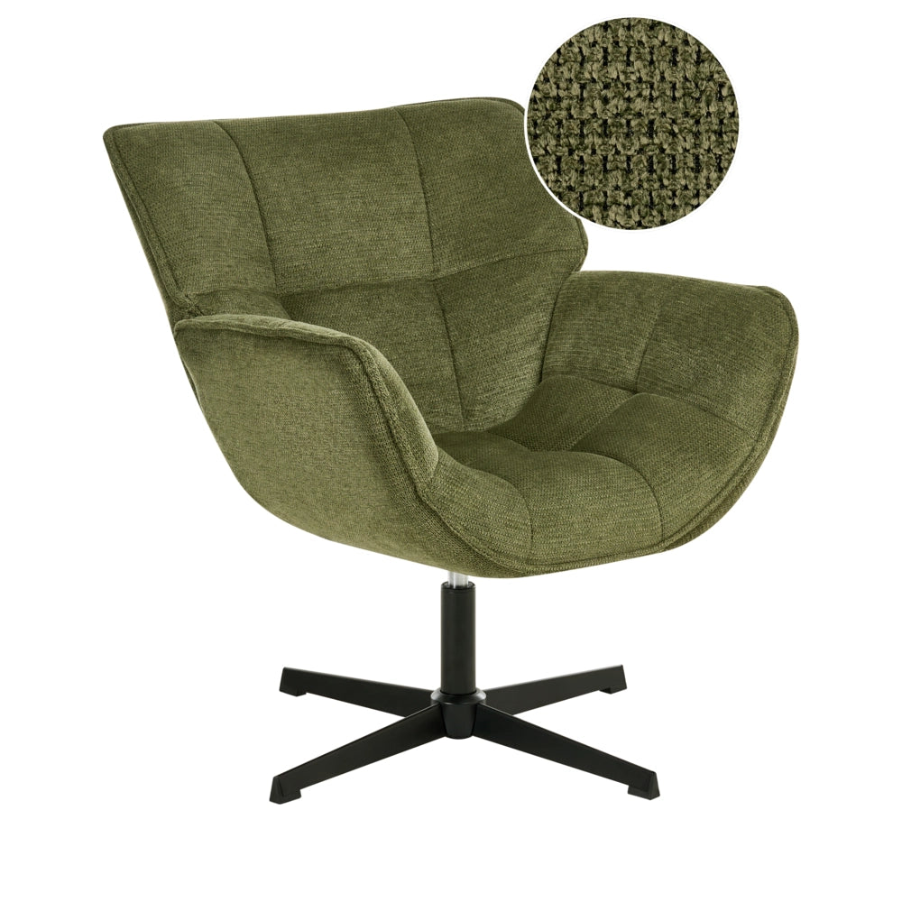 Poltrona Accent con rivestimento in poliestere verde girevole moderna seduta ampia design curvo retrò.