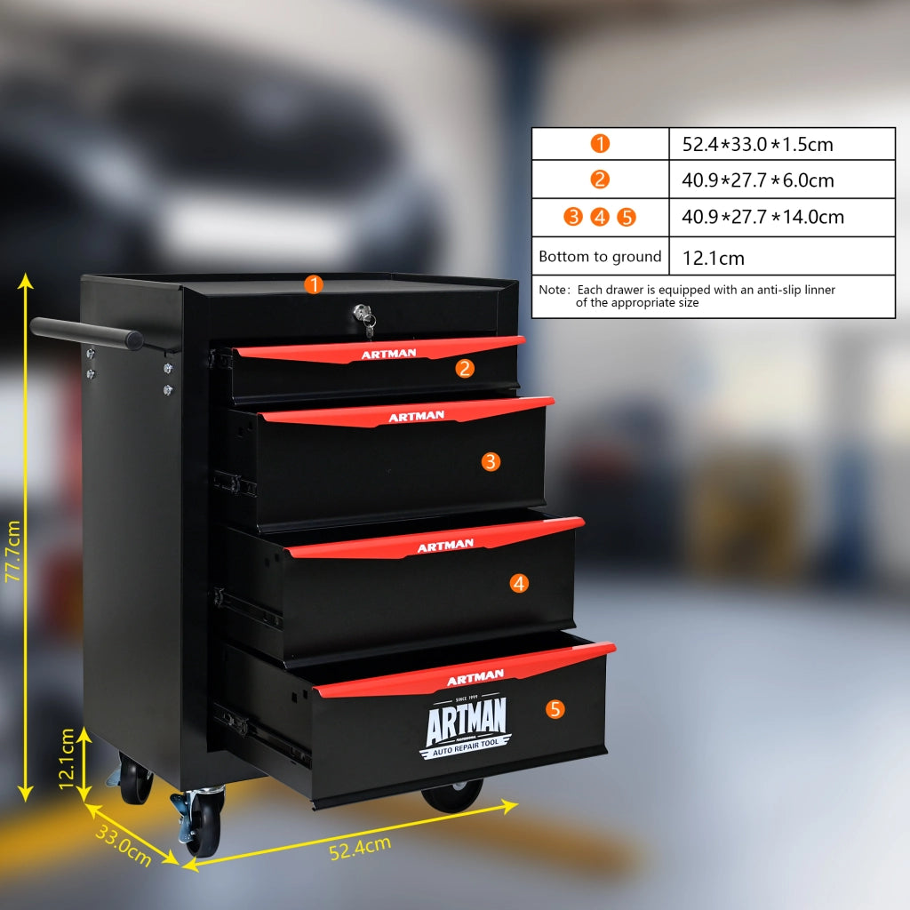 Carrello portautensili con 4 cassetti, serratura e ruote piroettanti, per garage, in acciaio, nero rosso