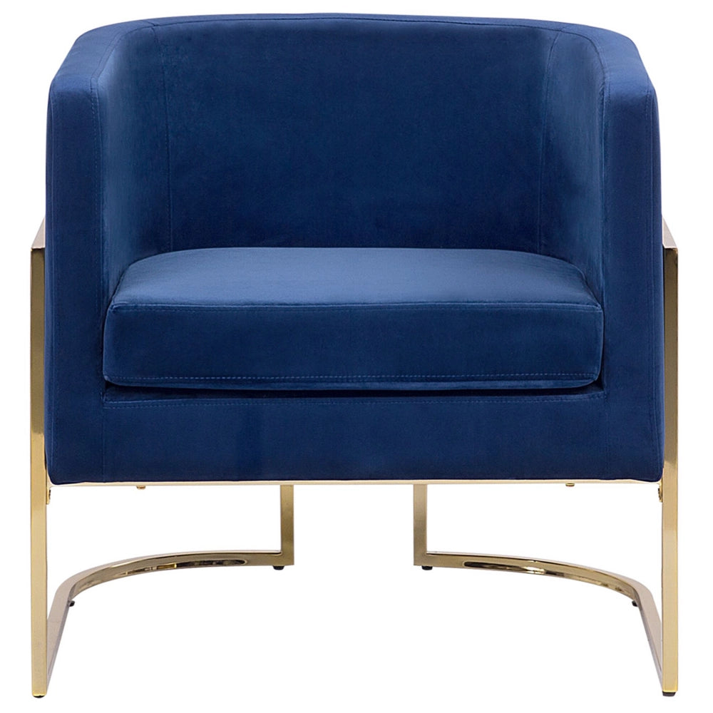Poltrona Velluto Blu Scuro Struttura In Metallo Dorato Con Schienale Tondo Stile Glam