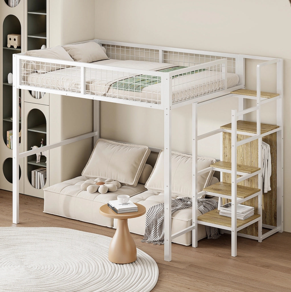 Letto a soppalco 140x200 cm in metallo bianco con scala, armadio e ripiani