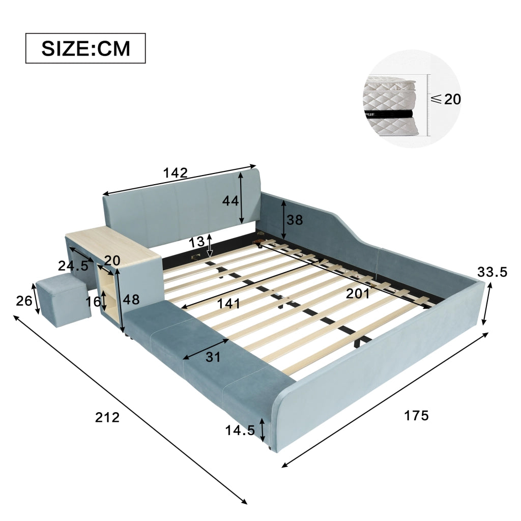 OKWISH Letto combinato 140×200 cm, Letto Singolo con Scrivania Laterale, Mensole e Pouf, senza Materasso, in Velluto, Blu