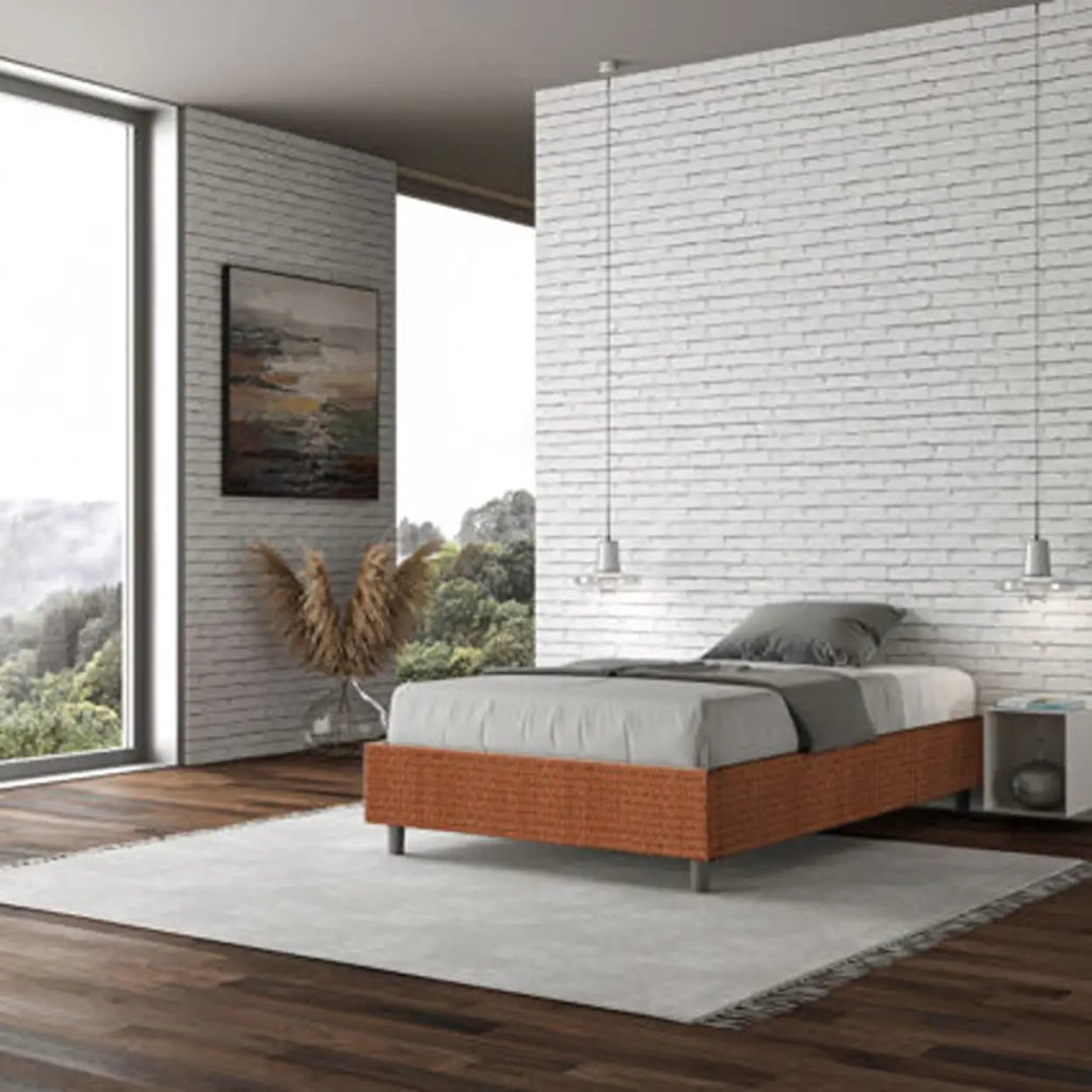 Letto una piazza e mezza contenitore imbottito 120x210 tessuto Labirinto 4 arancio Azelia