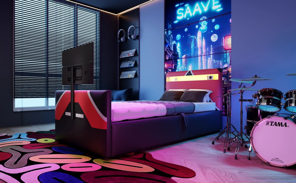 DESMIU Letto bambino 90 × 200 cm con LED regolabile, vano contenitore idraulico e supporto TV, senza materasso, nero