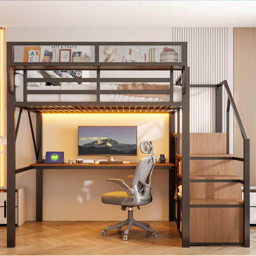 Letto a soppalco 140 × 200 cm con scrivania lunga, LED, scaffale regolabile et scala di sicurezza, senza materasso