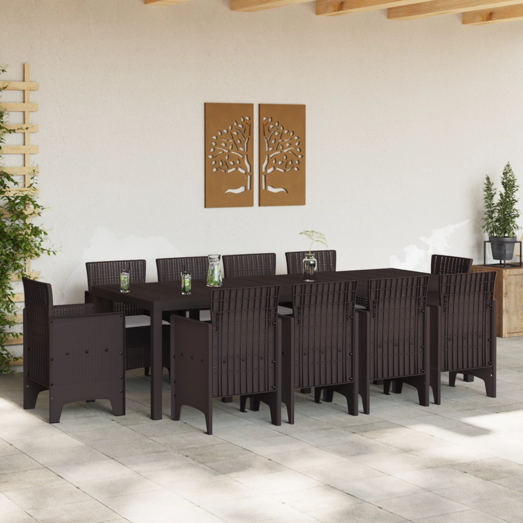 Set da Pranzo da Giardino di 11 Pezzi con Cuscini Marrone Rattan Polimerico