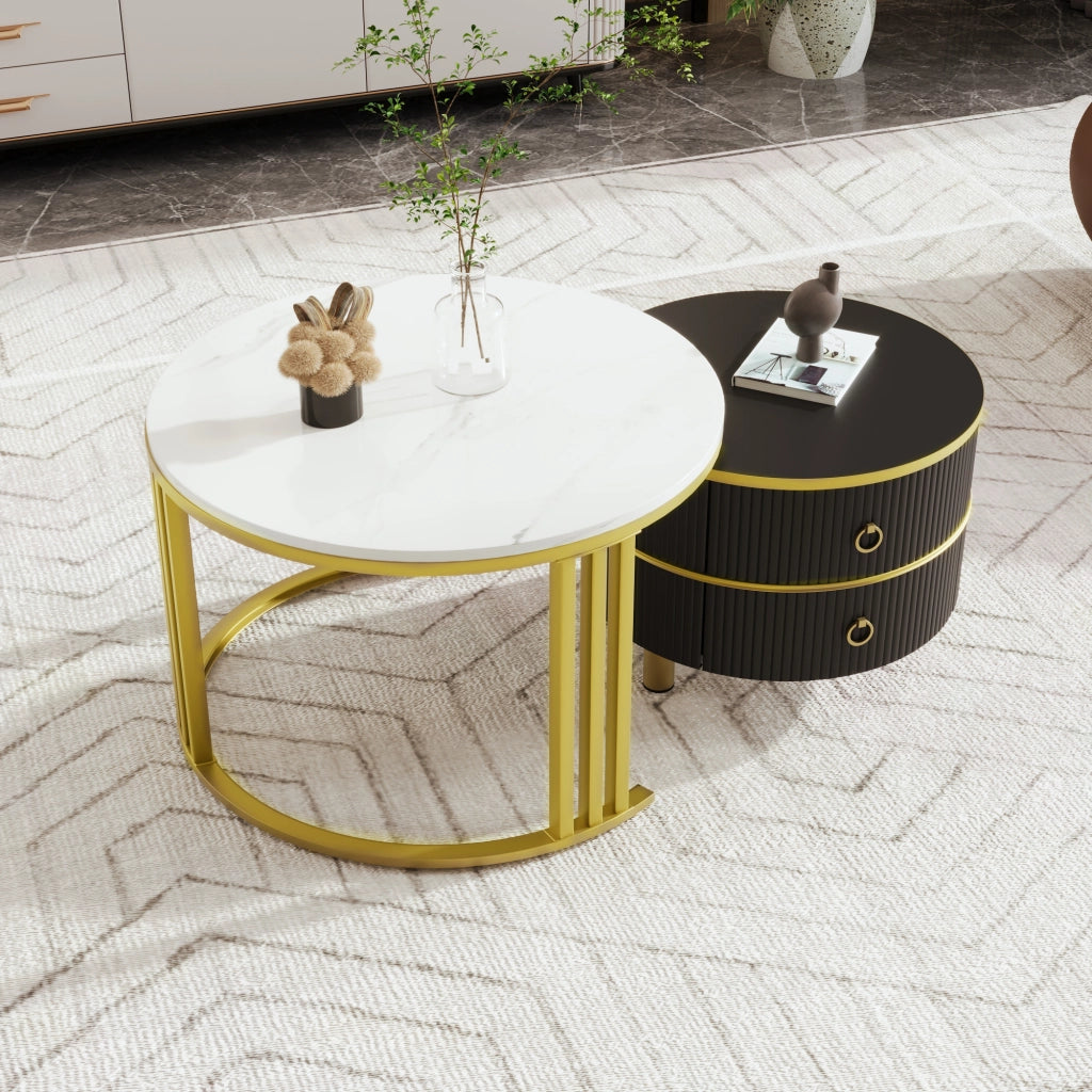 Tavolini da caffè rotondi 70x70x46 cm e 50x50x40 cm; piano lucido con effetto marmo; MDF nero