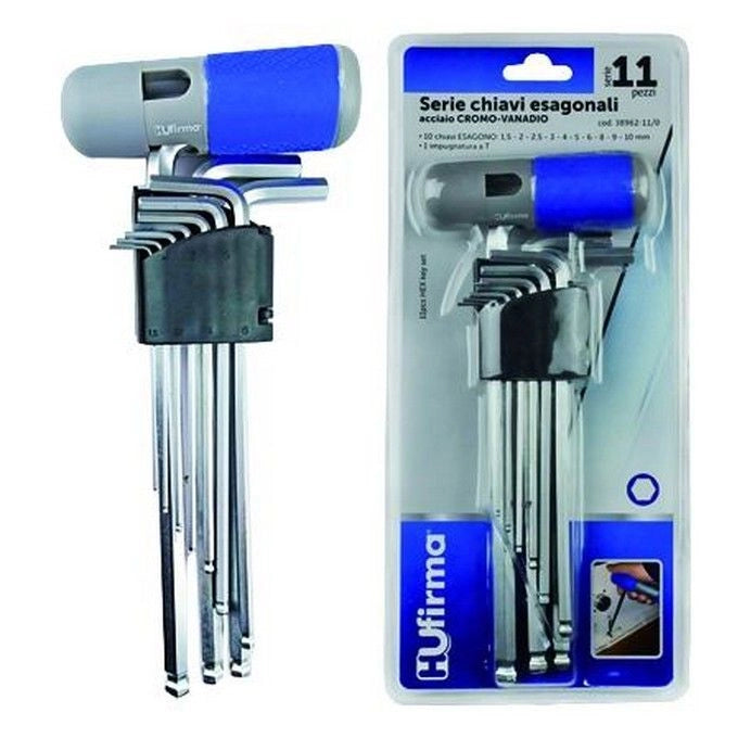 Hufirma 3896211 Serie Chiavi Esagonali Impugnatura a T 11 pezzi Acciaio Cromo Vanadio HRC48 52 1,5 2 2,5 3 4 5 6 8 9 10 mm