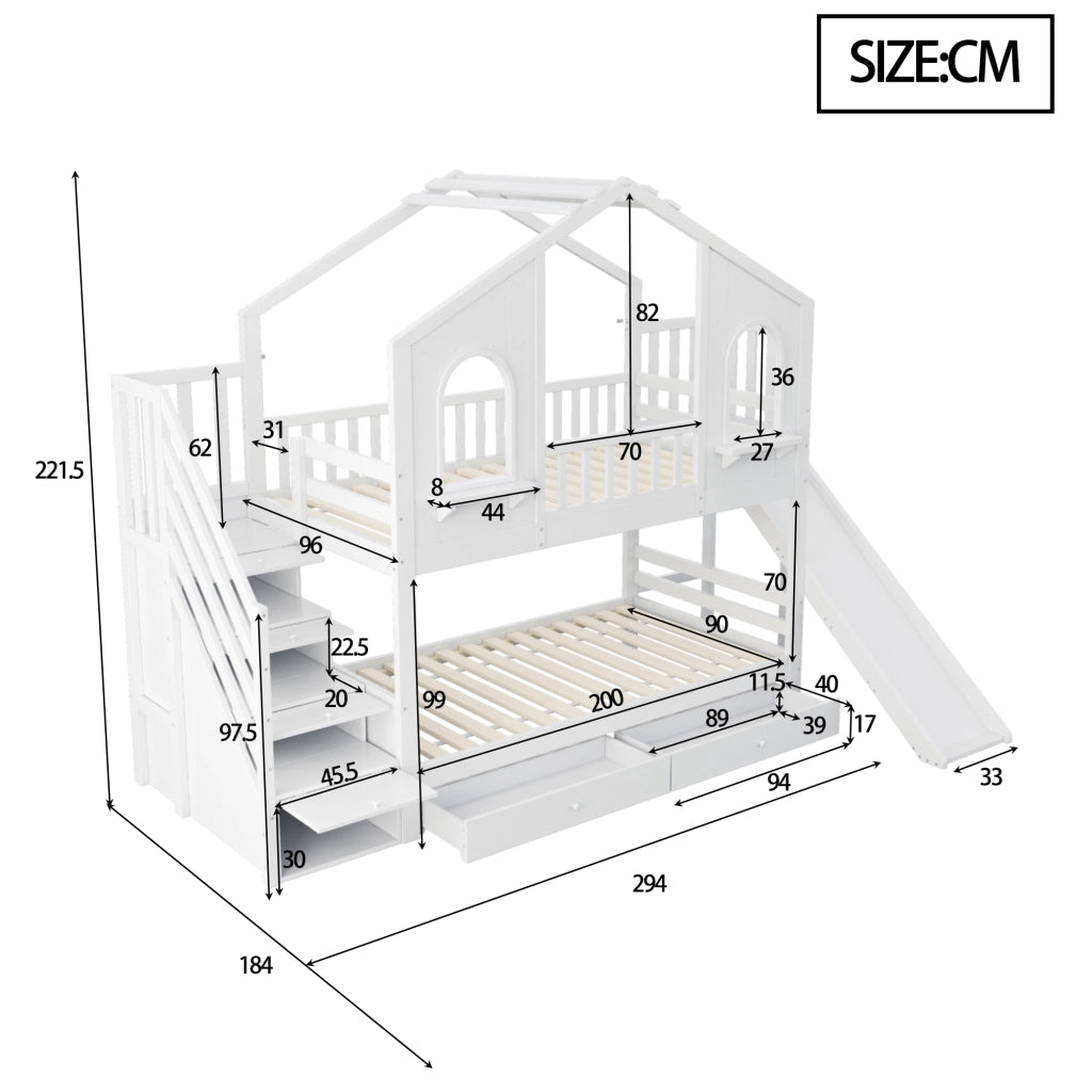 Letto a Castello 90x200 cm; Casa con Scivolo; Scala contenitore; Cassetti; Bianco