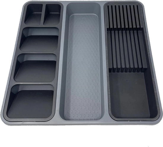 Organizzatore di cucina a 7 compartimenti con l'organizzatore di carrello in plastica per uso domestico, ufficio e contenitore antiscivolo per utensili da tavola (grigio/nero).