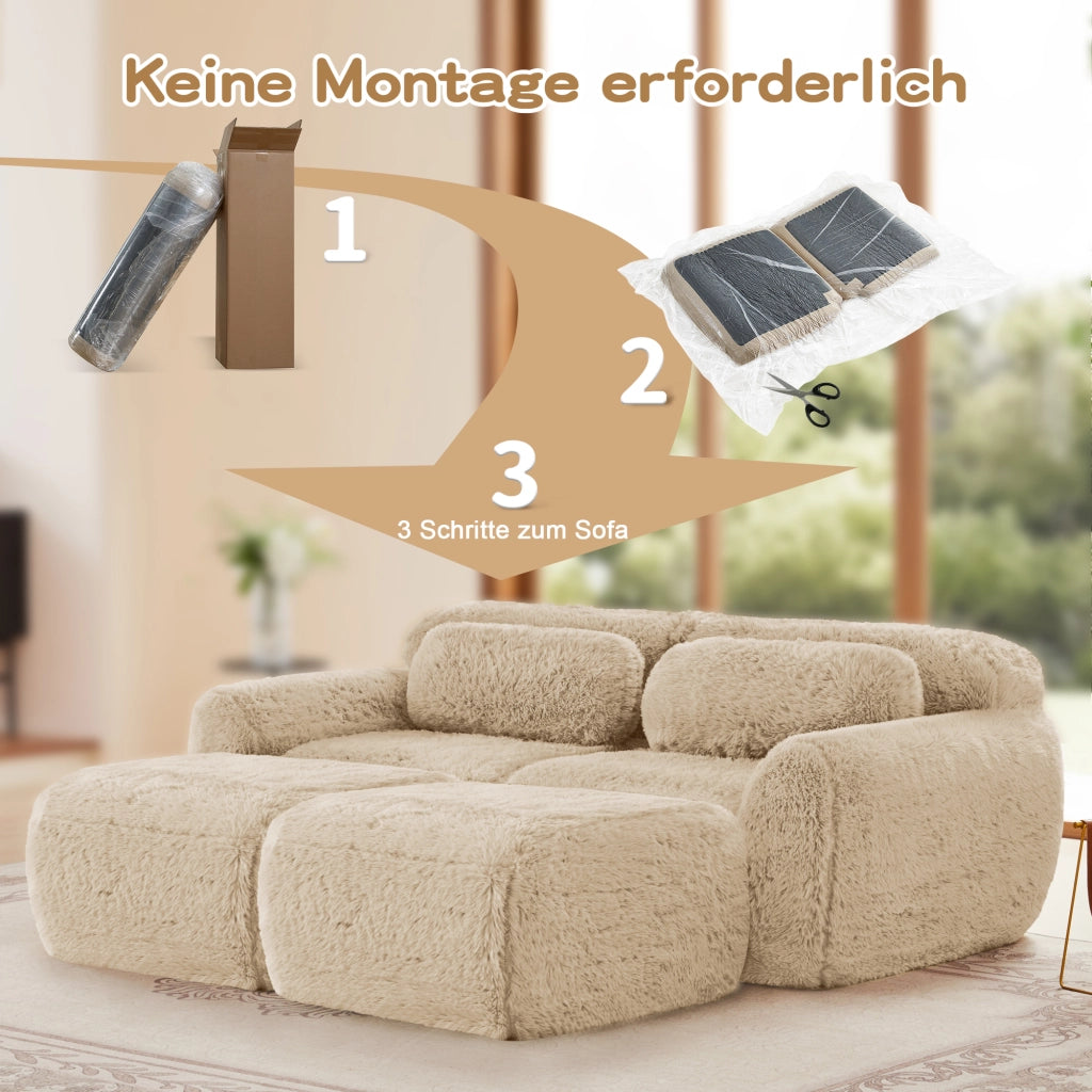 Divano Modulare 2 Posti con Pouf Reversibili, Design Senza Struttura, in Peluche, Cachi Chiaro