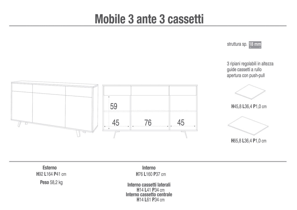 Madia 3 Ante 3 Cassetti 164x92x41 cm Ossido Bianco/Ossido Nero