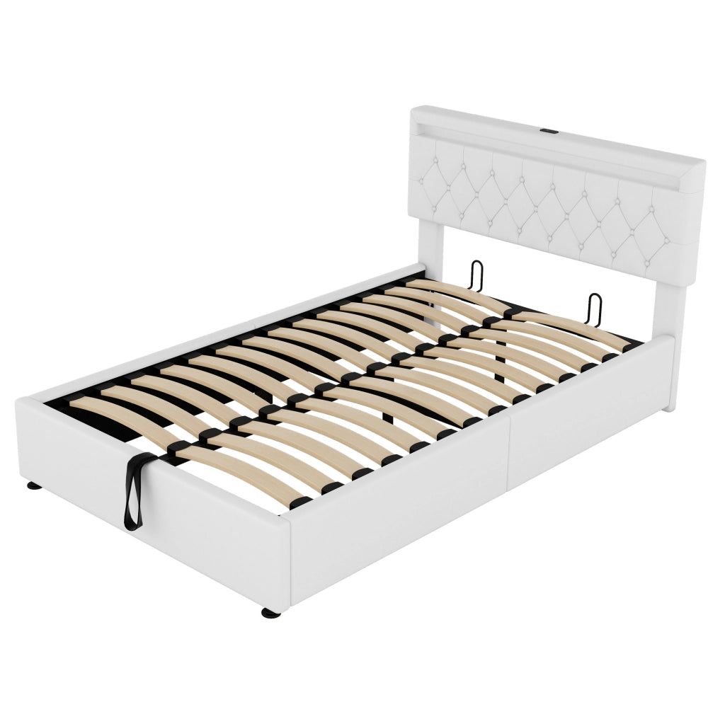Letto matrimoniale 140x200 cm imbottito con contenitore; LED integrato; porte USB e USB-C; bianco