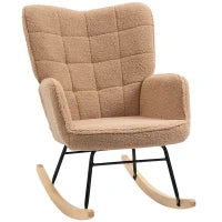 Poltrona a Dondolo Imbottita in Legno e Acciaio con Rivestimento Bouclé, 71x98x101 cm, Marrone
