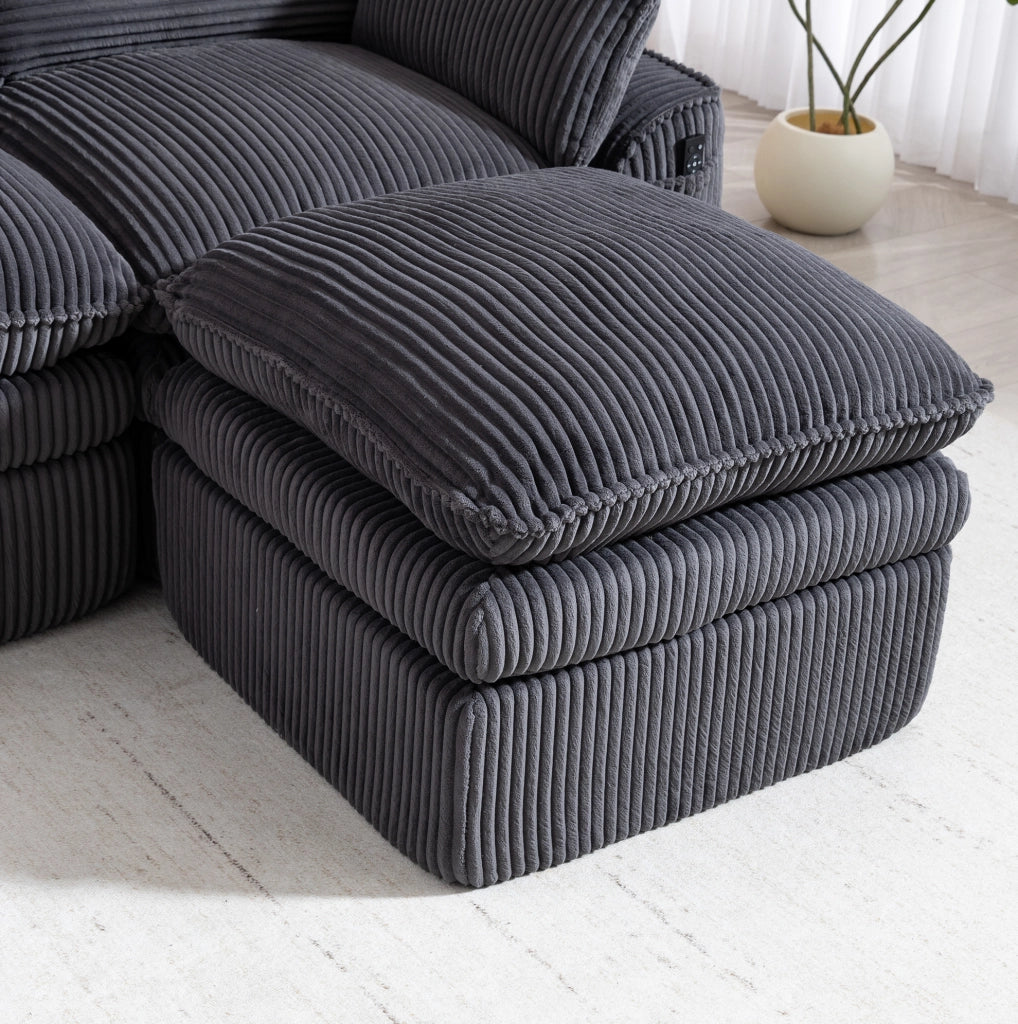 Divano modulare ULEVR 263x167x85 cm con pouf, tasche laterali e cuscini, velluto a coste grigio scuro