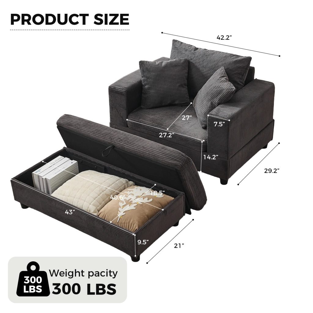 Chaise longue con contenitore e 3 cuscini per soggiorno e camera, in metallo e legno grigio, 107 × 74 × 57 cm