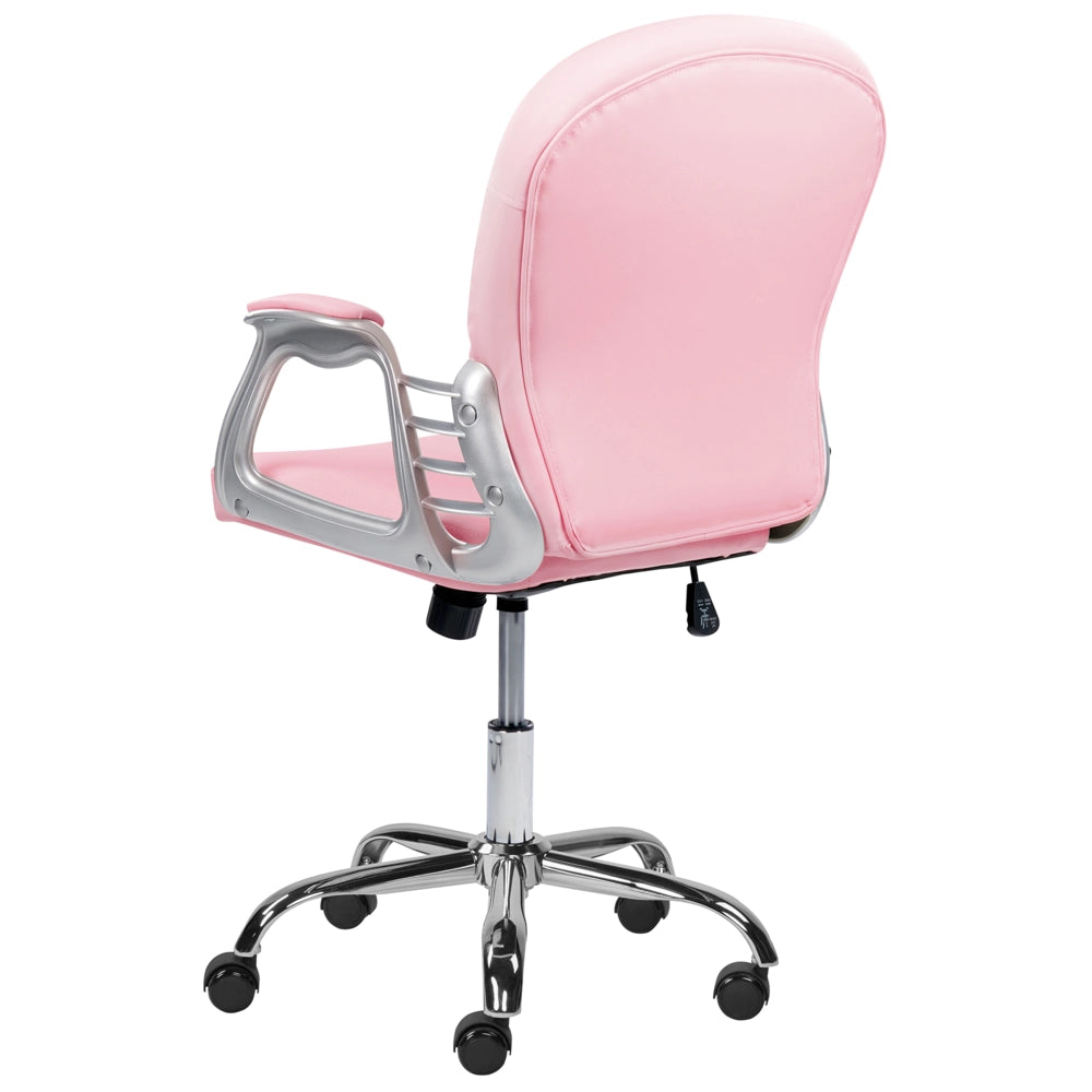Sedia da ufficio in ecopelle rosa con pulsante regolabile in altezza con alzata a gas con schienale capitonnè e rotazione completa
